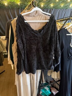 Faux Fur Black V-Neck Sweater A075
